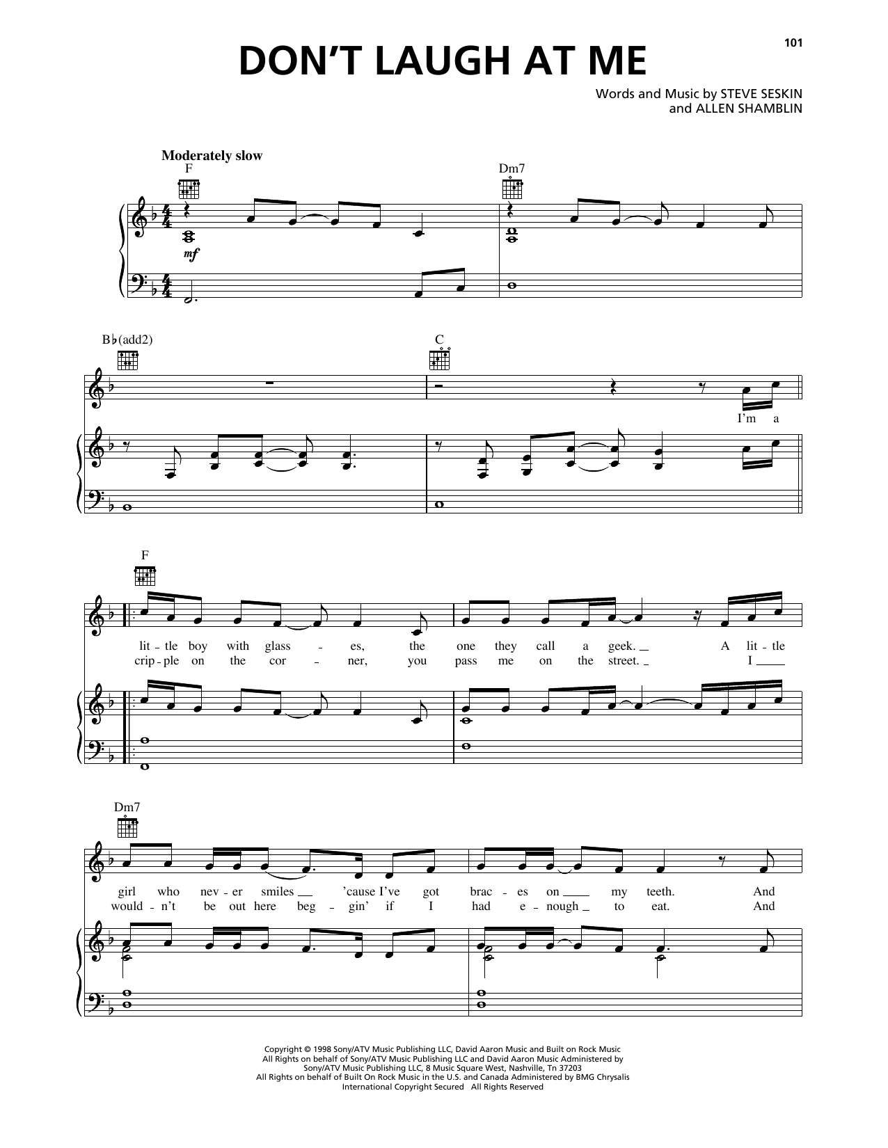 Mark Wills Don't Laugh At Me sheet music notes and chords arranged for Piano, Vocal & Guitar Chords (Right-Hand Melody)
