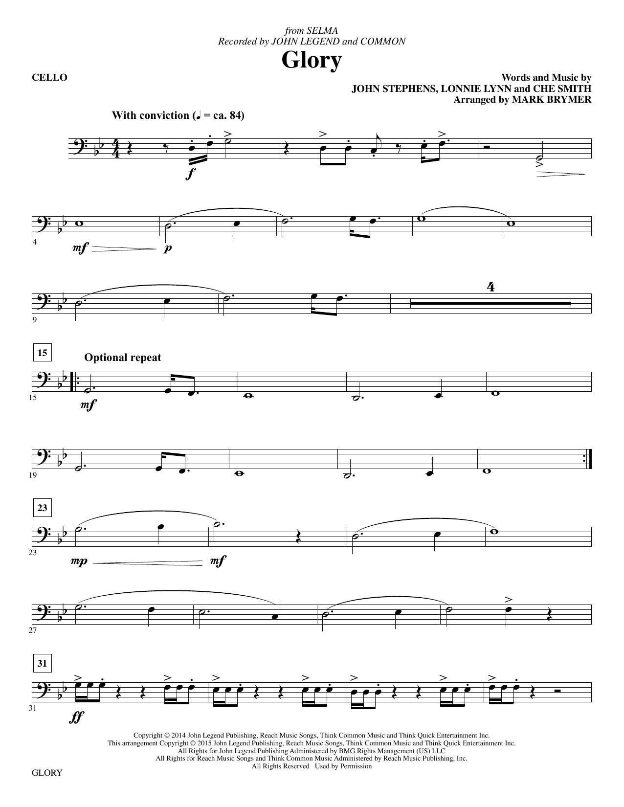 Mark Brymer Glory - Cello sheet music notes and chords arranged for Choir Instrumental Pak