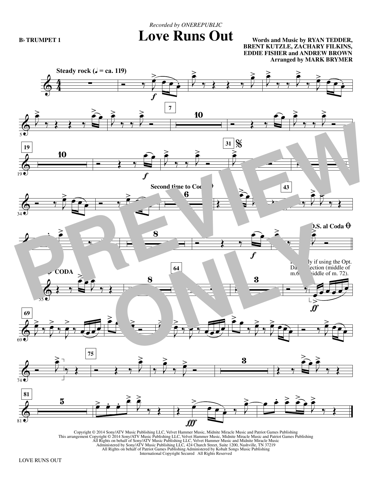 Mark Brymer Love Runs Out - Bb Trumpet 1 sheet music notes and chords. Download Printable PDF.