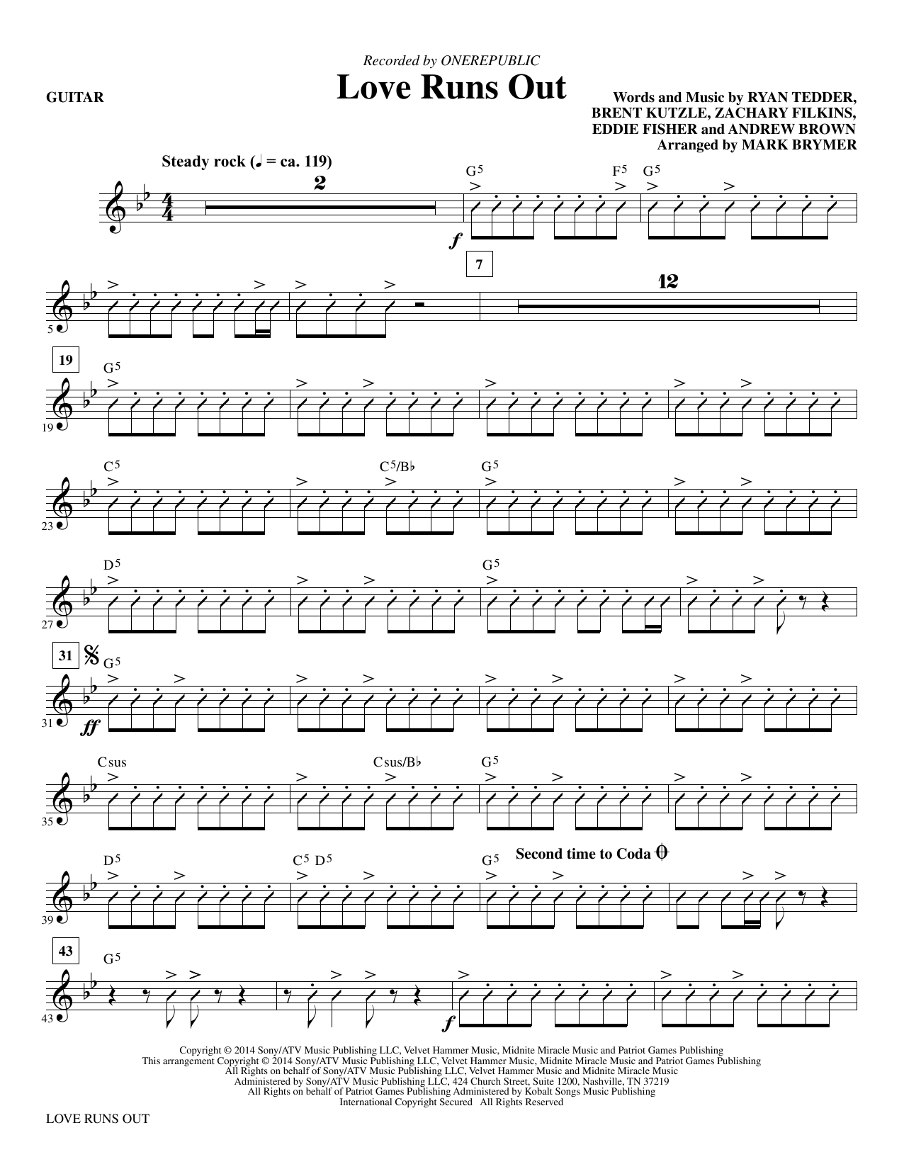 Mark Brymer Love Runs Out - Guitar sheet music notes and chords. Download Printable PDF.