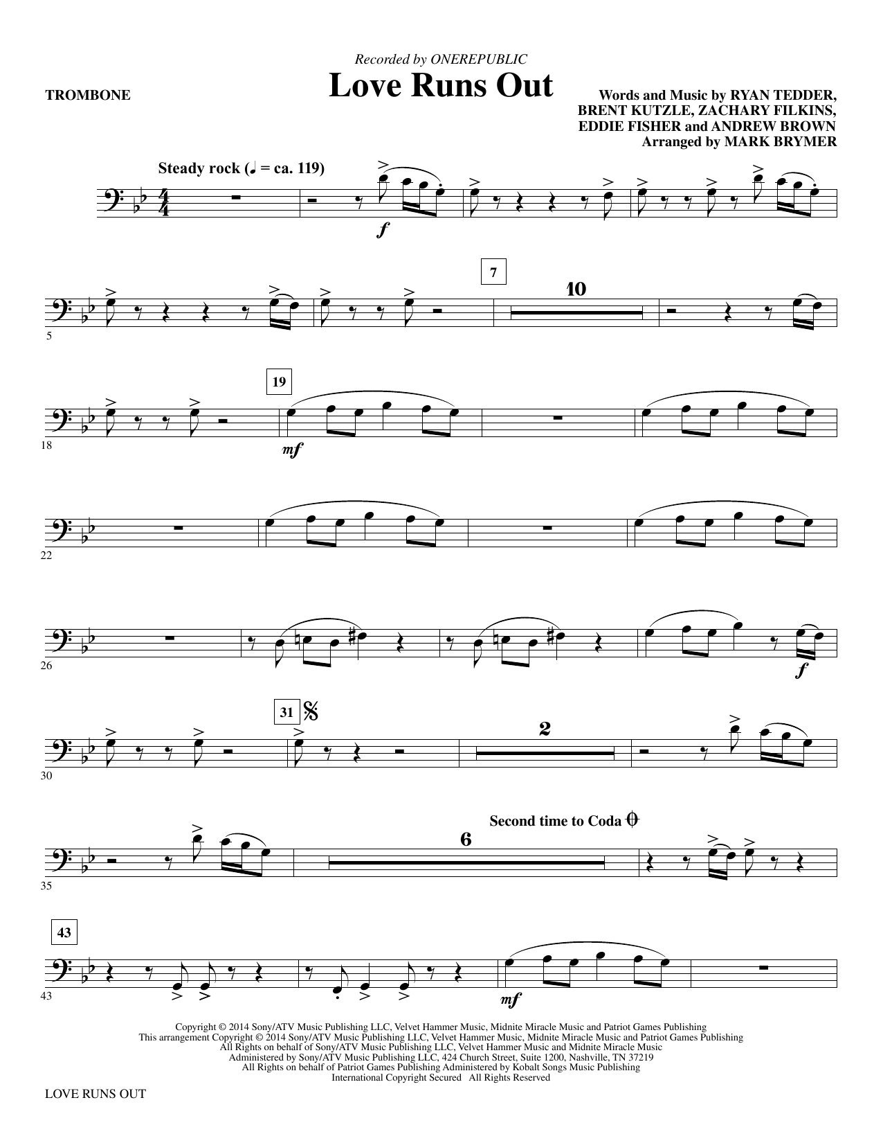 Mark Brymer Love Runs Out - Trombone sheet music notes and chords. Download Printable PDF.