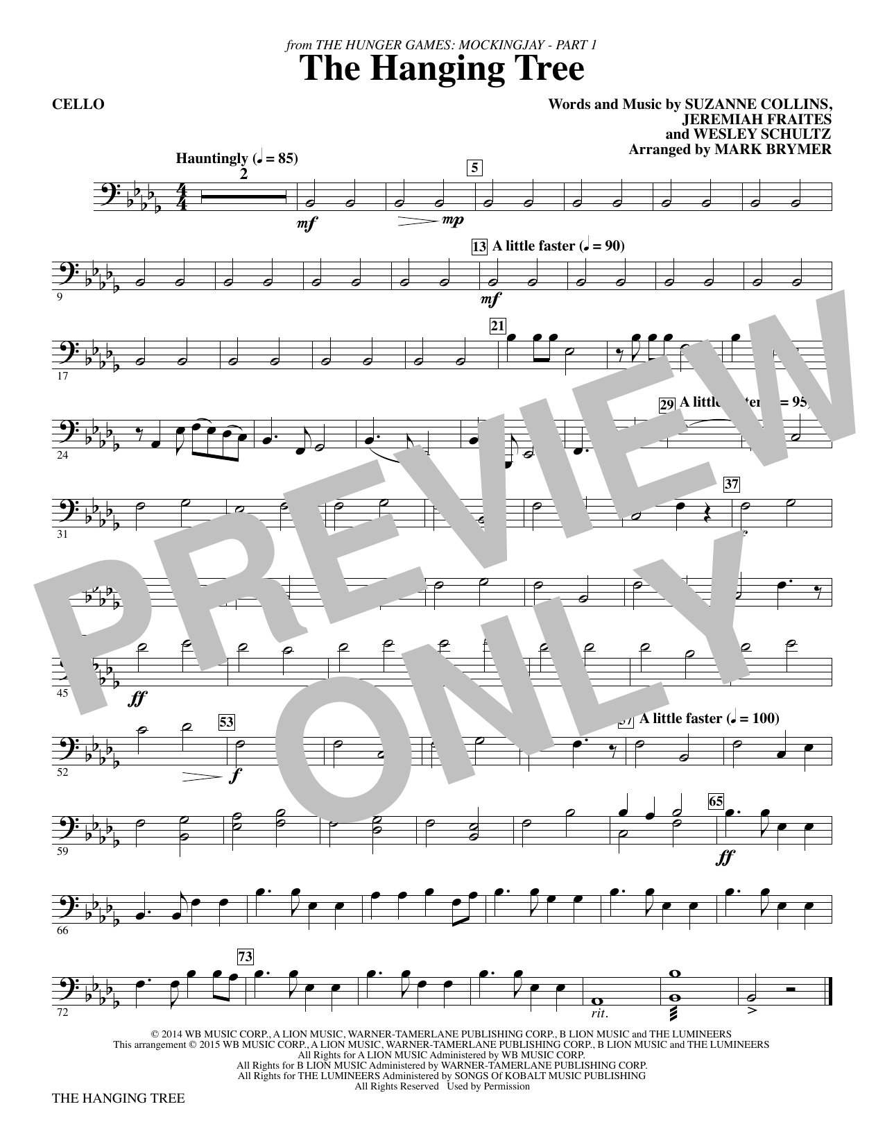 Mark Brymer The Hanging Tree (from The Hunger Games: Mockingjay Part I) - Cello sheet music notes and chords. Download Printable PDF.