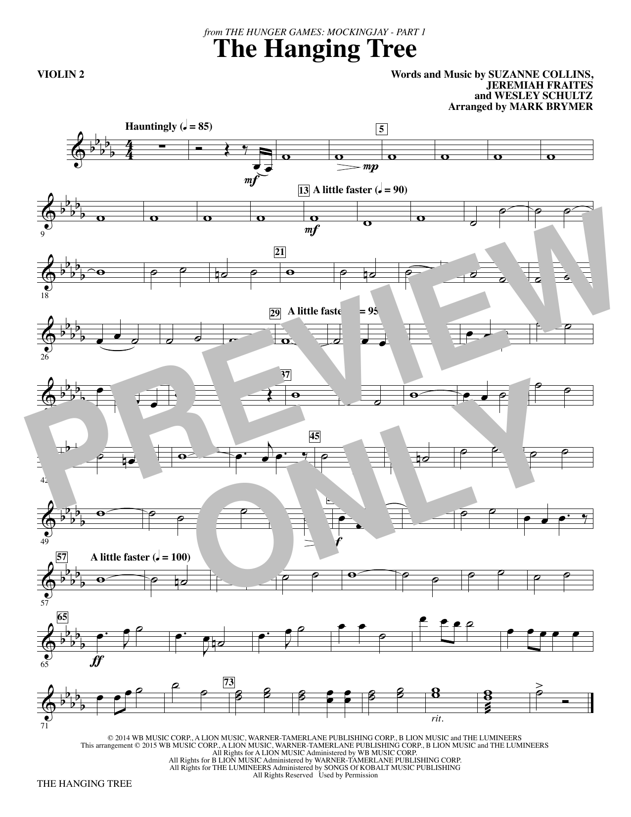 Mark Brymer The Hanging Tree (from The Hunger Games: Mockingjay Part I) - Violin 2 sheet music notes and chords. Download Printable PDF.