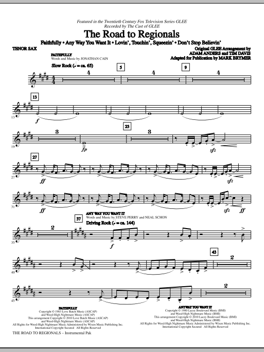 Mark Brymer The Road To Regionals (featured on Glee) - Tenor Sax sheet music notes and chords. Download Printable PDF.