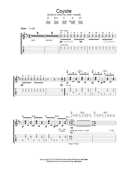 Mark Knopfler Coyote sheet music notes and chords. Download Printable PDF.