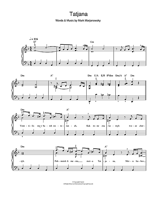 Mark Marjanowsky Tatjana sheet music notes and chords arranged for Easy Piano