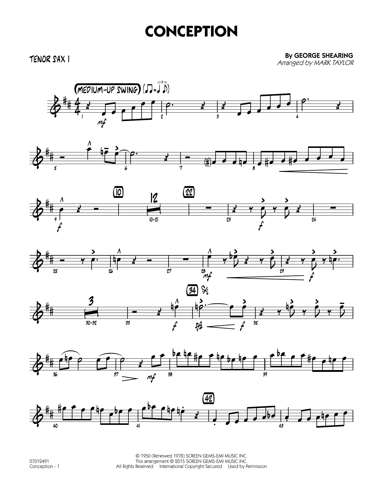 Mark Taylor Conception - Tenor Sax 1 sheet music notes and chords. Download Printable PDF.
