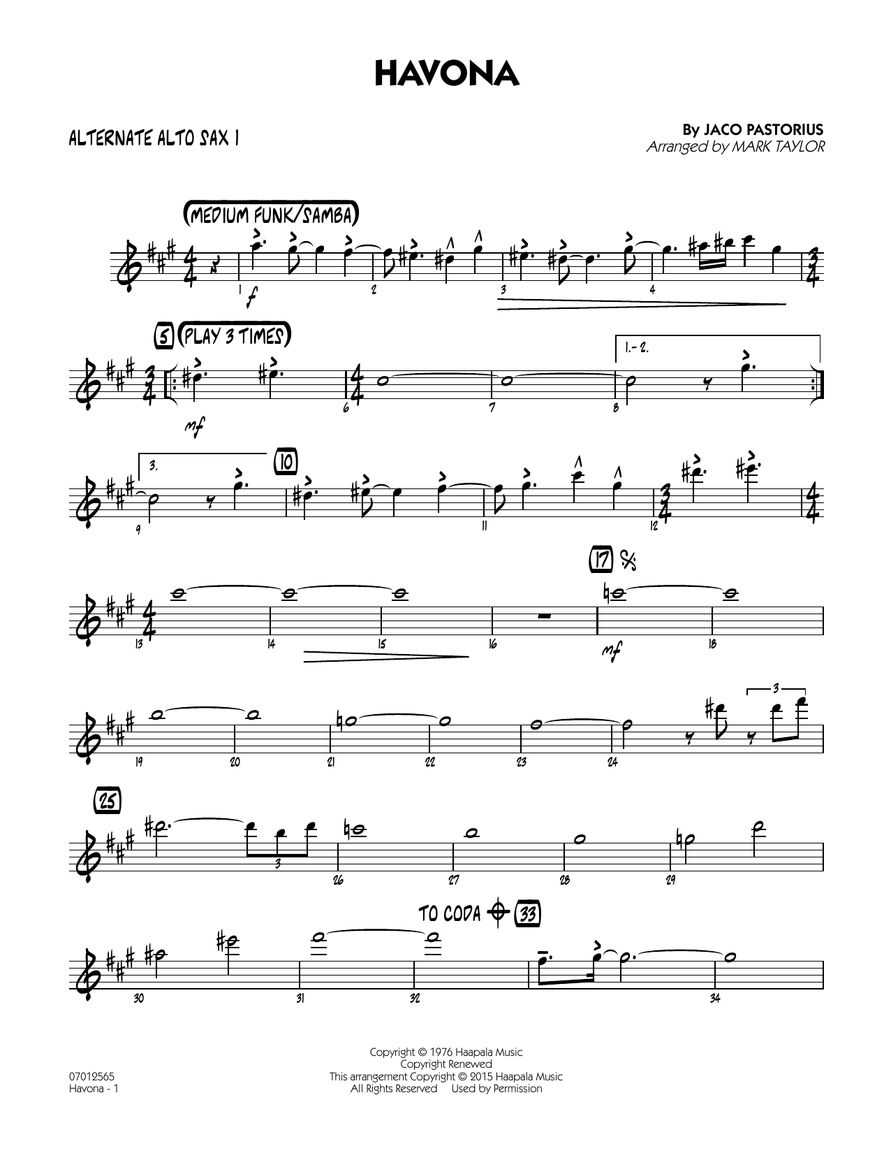 Mark Taylor Havona - Alternate Alto Sax 1 sheet music notes and chords arranged for Jazz Ensemble