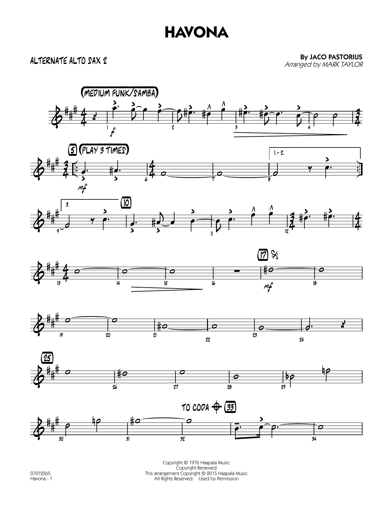 Mark Taylor Havona - Alternate Alto Sax 2 sheet music notes and chords arranged for Jazz Ensemble