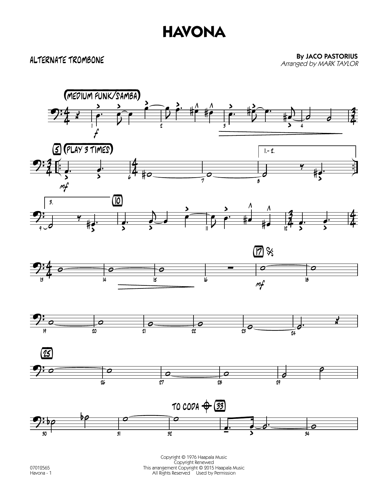 Mark Taylor Havona - Alternate Trombone sheet music notes and chords arranged for Jazz Ensemble