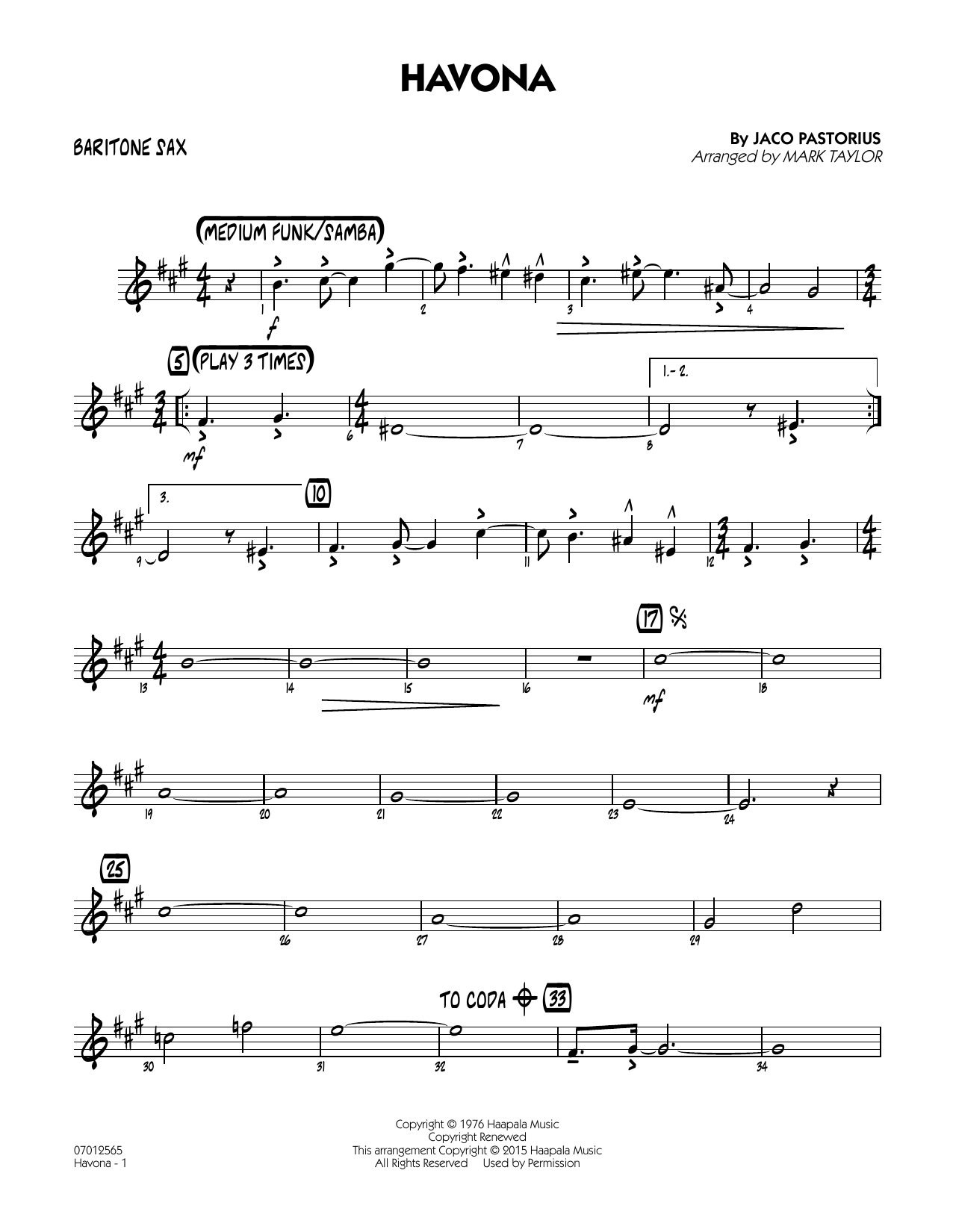 Mark Taylor Havona - Baritone Sax sheet music notes and chords arranged for Jazz Ensemble