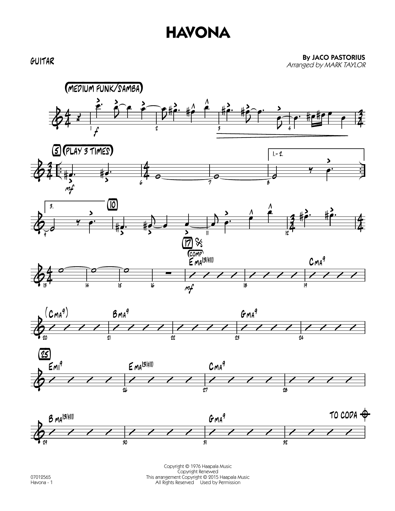 Mark Taylor Havona - Guitar sheet music notes and chords arranged for Jazz Ensemble