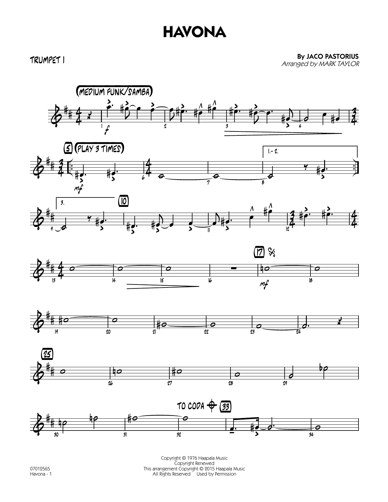 Mark Taylor Havona - Trumpet 1 sheet music notes and chords arranged for Jazz Ensemble