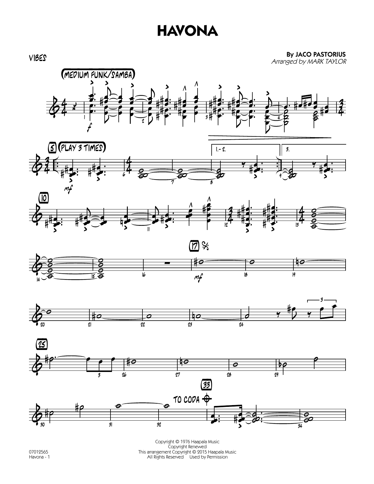 Mark Taylor Havona - Vibes sheet music notes and chords arranged for Jazz Ensemble