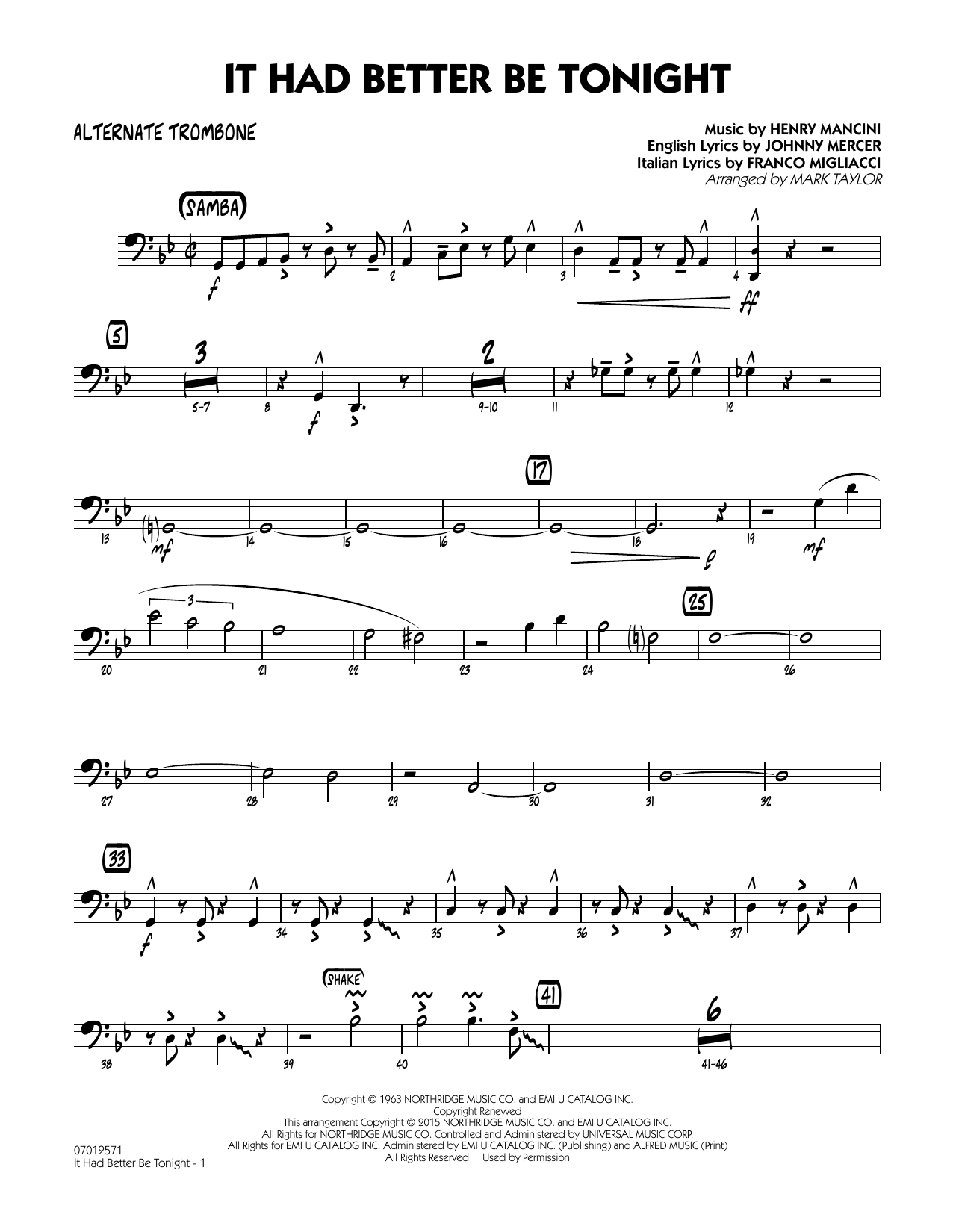 Mark Taylor It Had Better Be Tonight - Alternate Trombone sheet music notes and chords. Download Printable PDF.