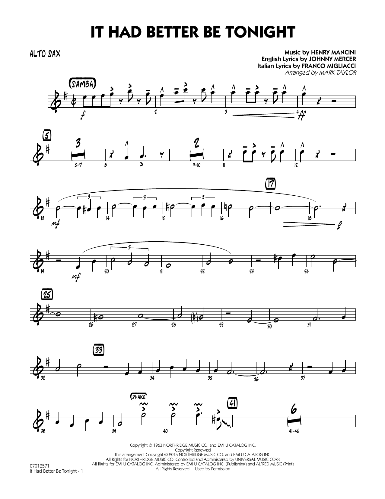 Mark Taylor It Had Better Be Tonight - Alto Sax sheet music notes and chords. Download Printable PDF.
