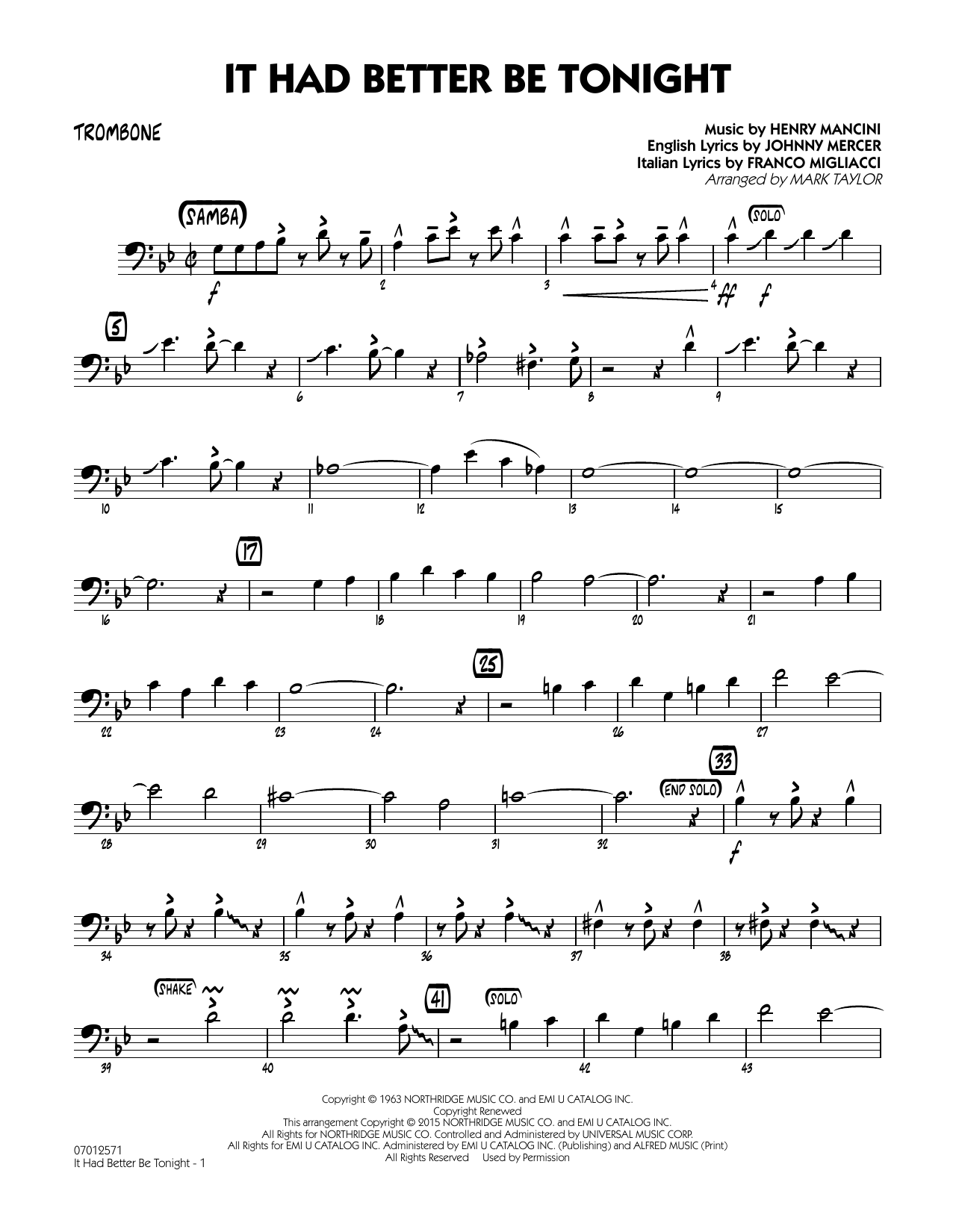 Mark Taylor It Had Better Be Tonight - Trombone sheet music notes and chords. Download Printable PDF.
