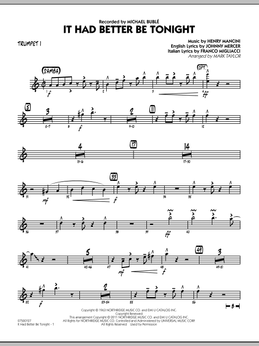 Mark Taylor It Had Better Be Tonight - Trumpet 1 sheet music notes and chords. Download Printable PDF.