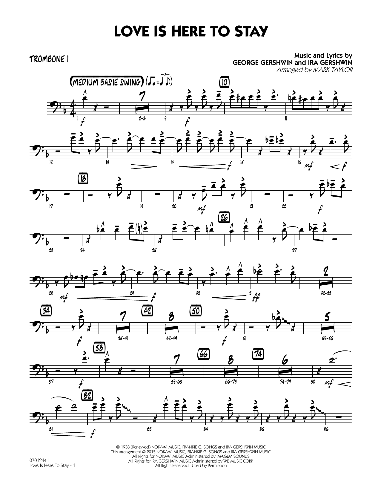 Mark Taylor Love Is Here to Stay - Trombone 1 sheet music notes and chords. Download Printable PDF.