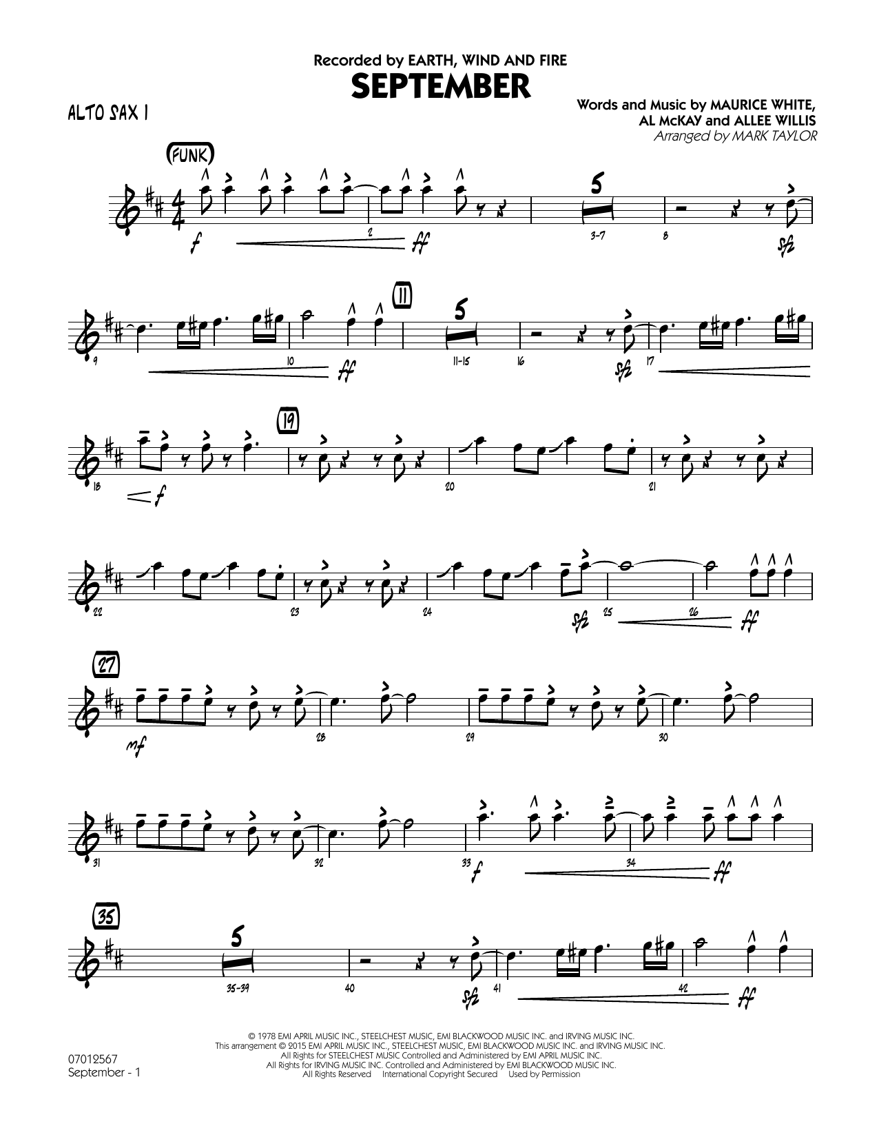 Mark Taylor September (Key: C) - Alto Sax 1 sheet music notes and chords. Download Printable PDF.