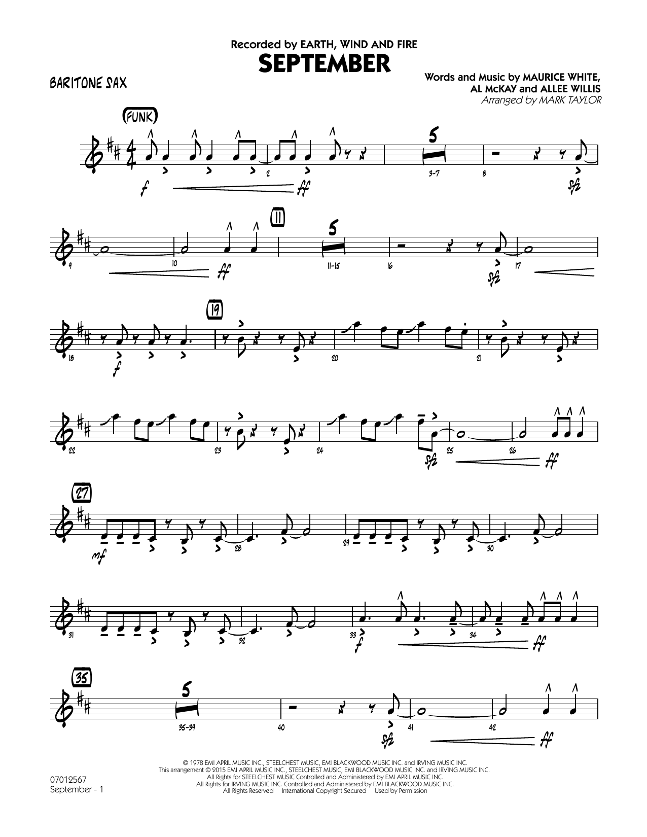 Mark Taylor September (Key: C) - Baritone Sax sheet music notes and chords. Download Printable PDF.