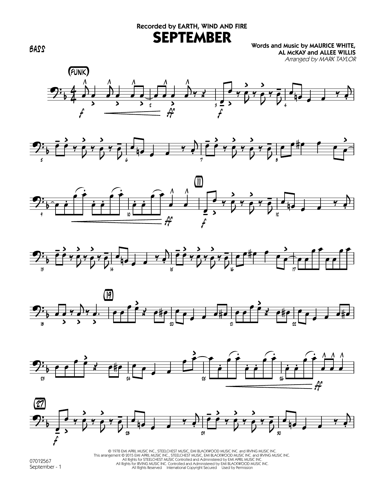 Mark Taylor September (Key: C) - Bass sheet music notes and chords. Download Printable PDF.