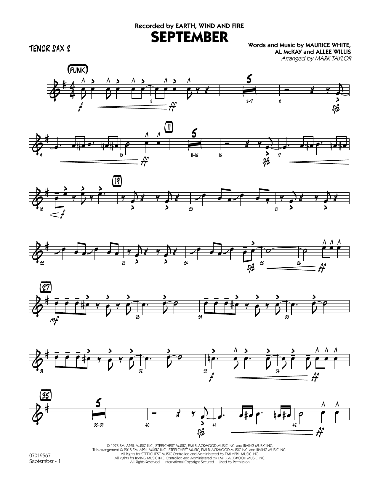 Mark Taylor September (Key: C) - Tenor Sax 2 sheet music notes and chords. Download Printable PDF.