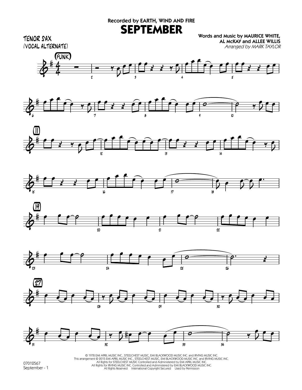 Mark Taylor September (Key: C) - Tenor Sax Solo (Vocal Alt) sheet music notes and chords. Download Printable PDF.