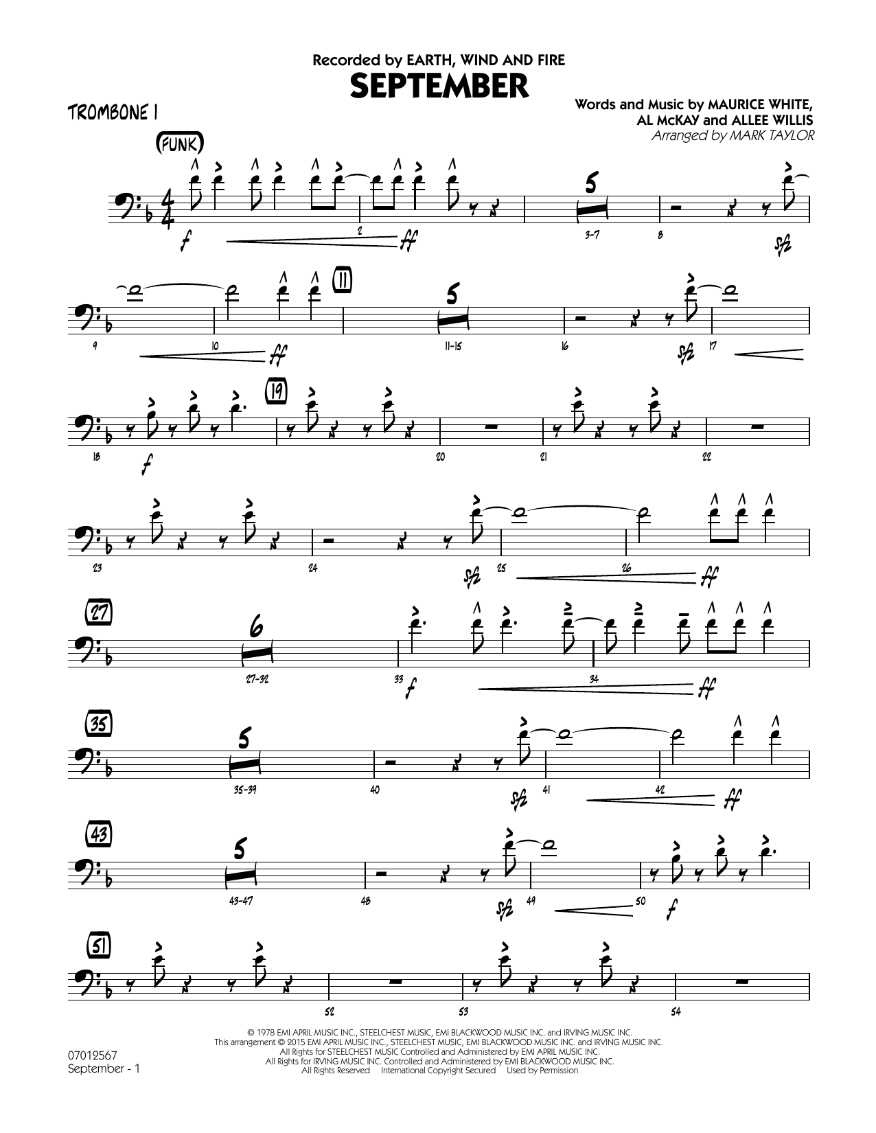 Mark Taylor September (Key: C) - Trombone 1 sheet music notes and chords. Download Printable PDF.