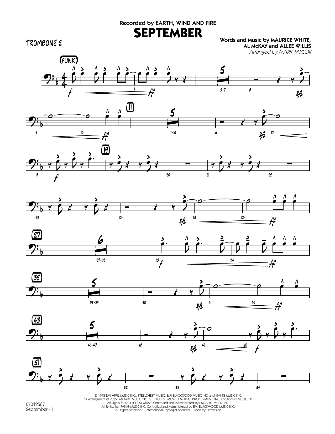 Mark Taylor September (Key: C) - Trombone 2 sheet music notes and chords. Download Printable PDF.