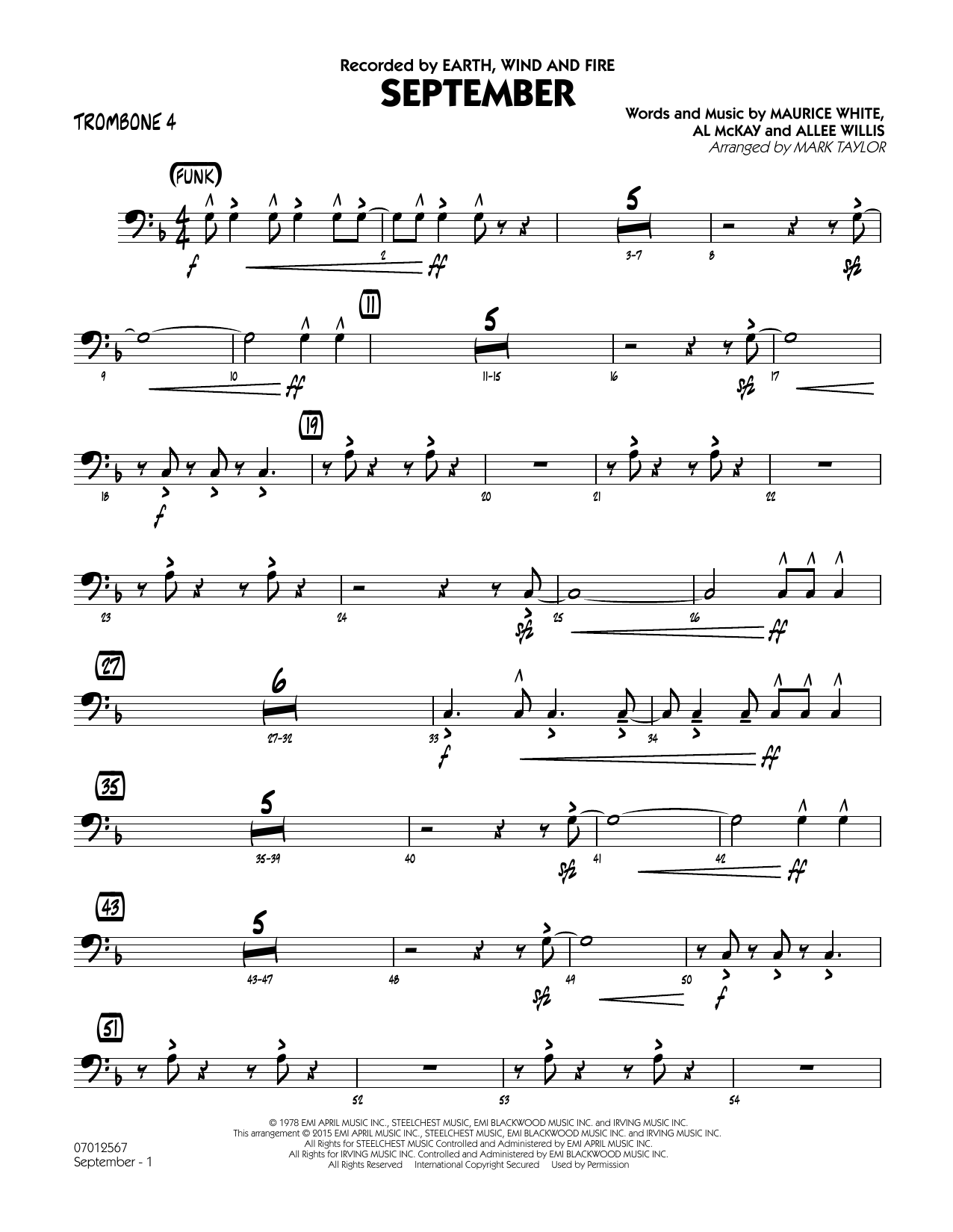 Mark Taylor September (Key: C) - Trombone 4 sheet music notes and chords. Download Printable PDF.