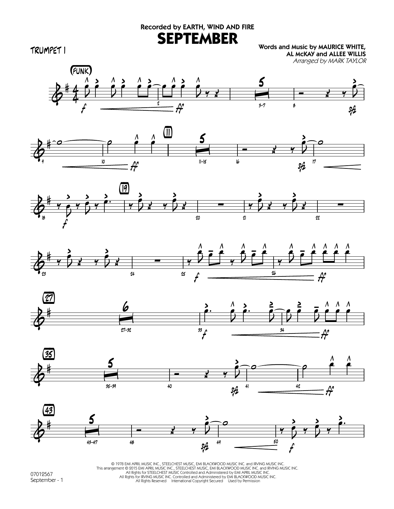 Mark Taylor September (Key: C) - Trumpet 1 sheet music notes and chords. Download Printable PDF.