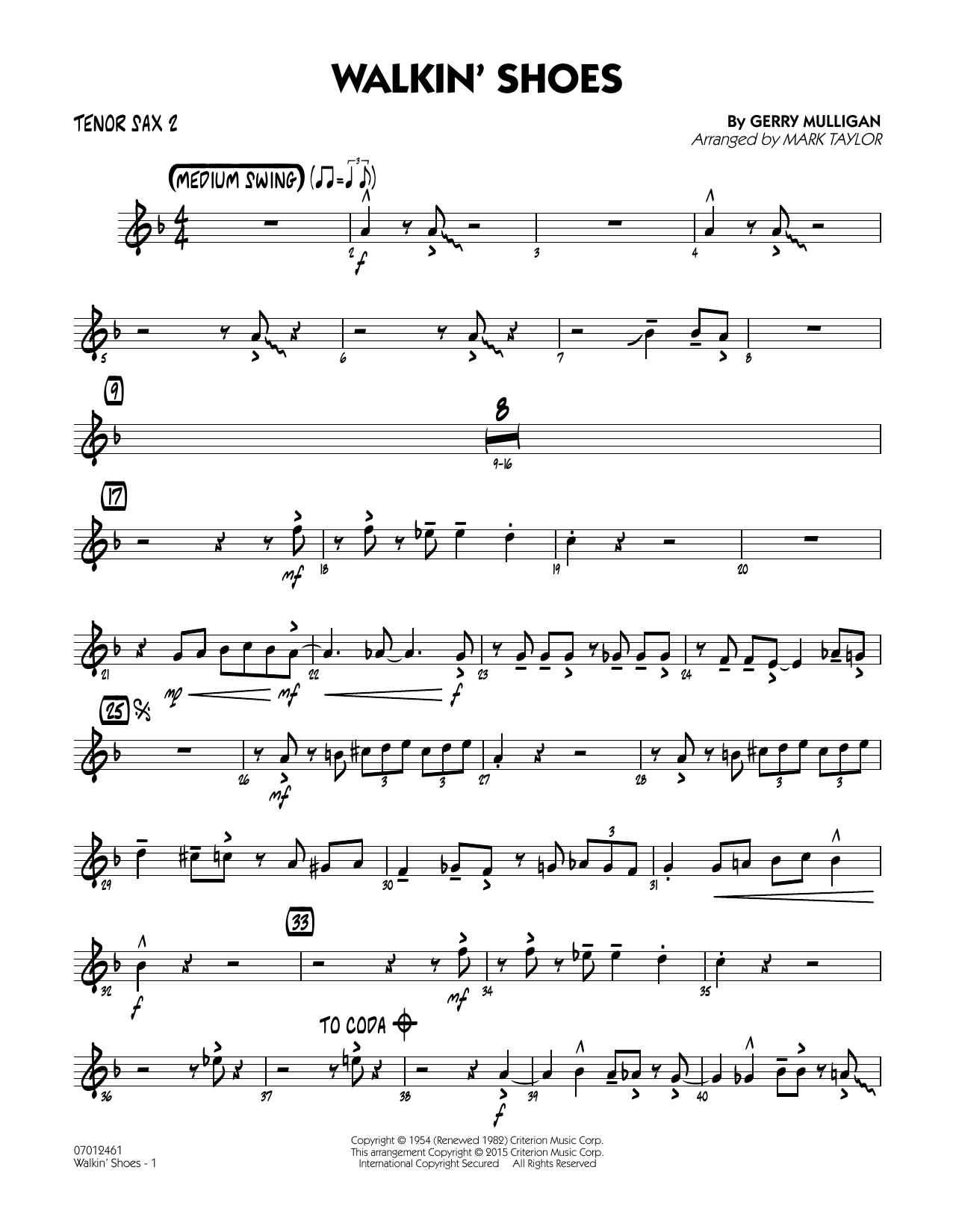 Mark Taylor Walkin' Shoes - Tenor Sax 2 sheet music notes and chords arranged for Jazz Ensemble