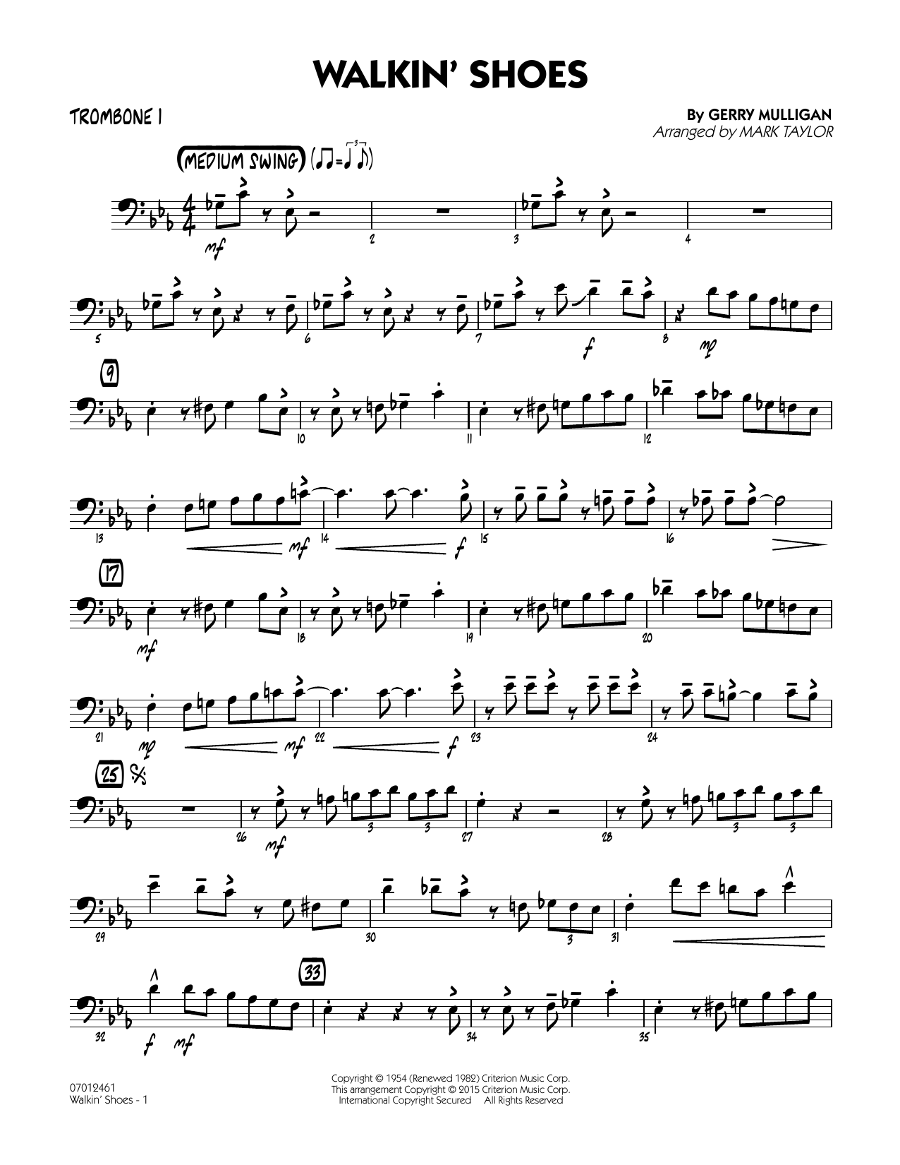 Mark Taylor Walkin' Shoes - Trombone 1 sheet music notes and chords. Download Printable PDF.