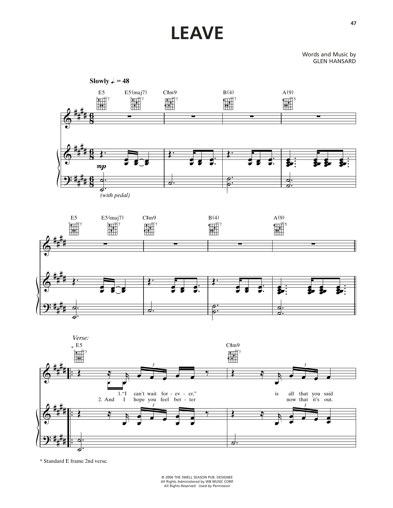 Markéta Irglová Leave (from Once) sheet music notes and chords arranged for Piano, Vocal & Guitar Chords (Right-Hand Melody)
