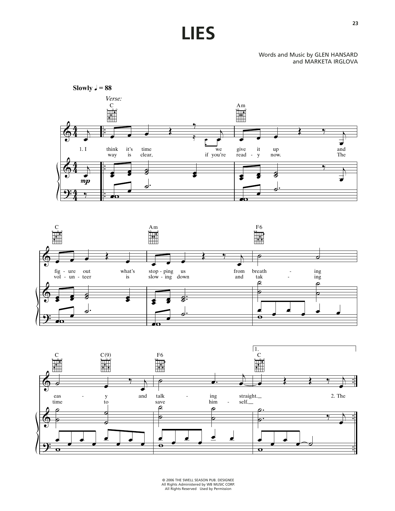 Markéta Irglová Lies (from Once) sheet music notes and chords arranged for Piano, Vocal & Guitar Chords (Right-Hand Melody)