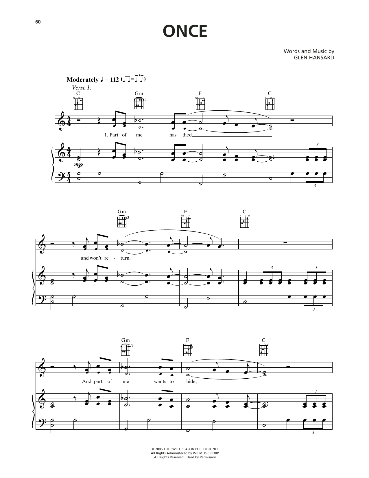 Markéta Irglová Once sheet music notes and chords arranged for Piano, Vocal & Guitar Chords (Right-Hand Melody)