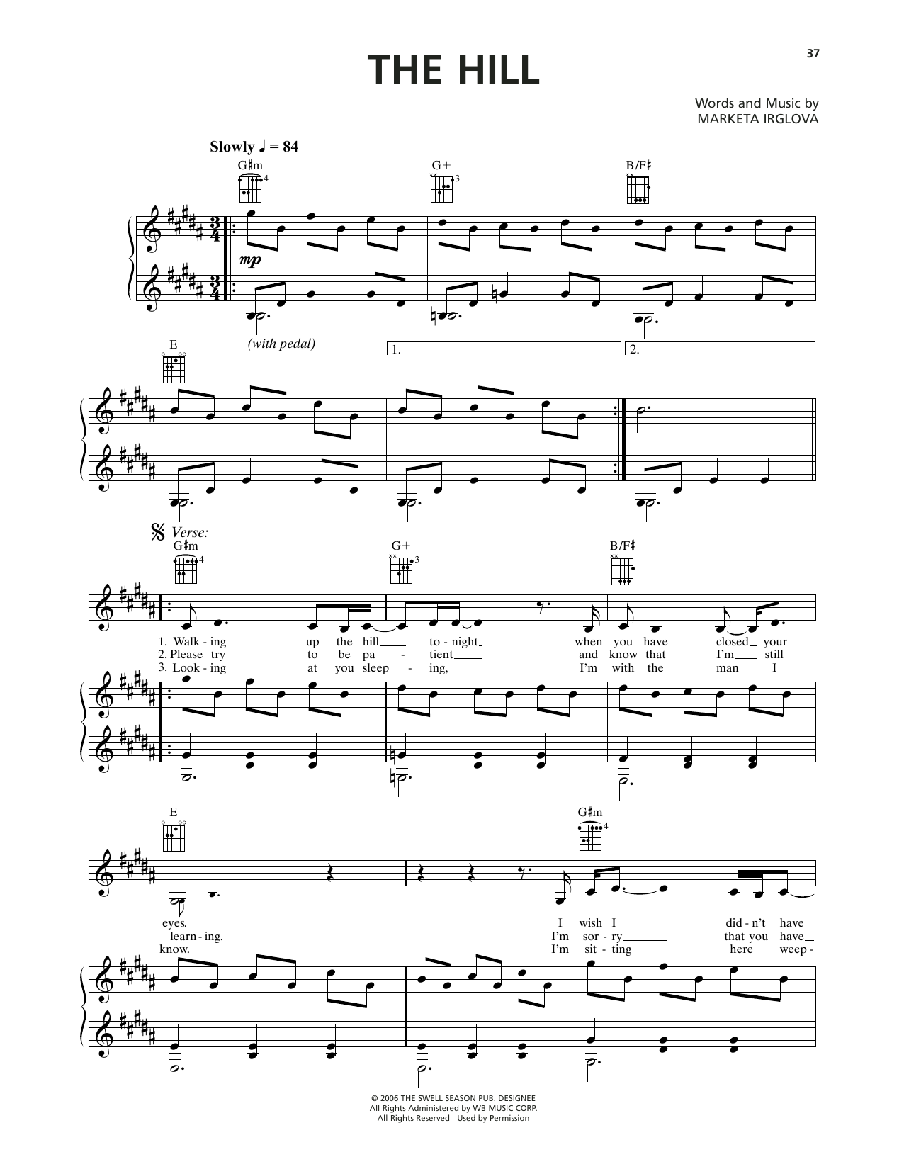 Markéta Irglová The Hill (from Once) sheet music notes and chords arranged for Piano, Vocal & Guitar Chords (Right-Hand Melody)