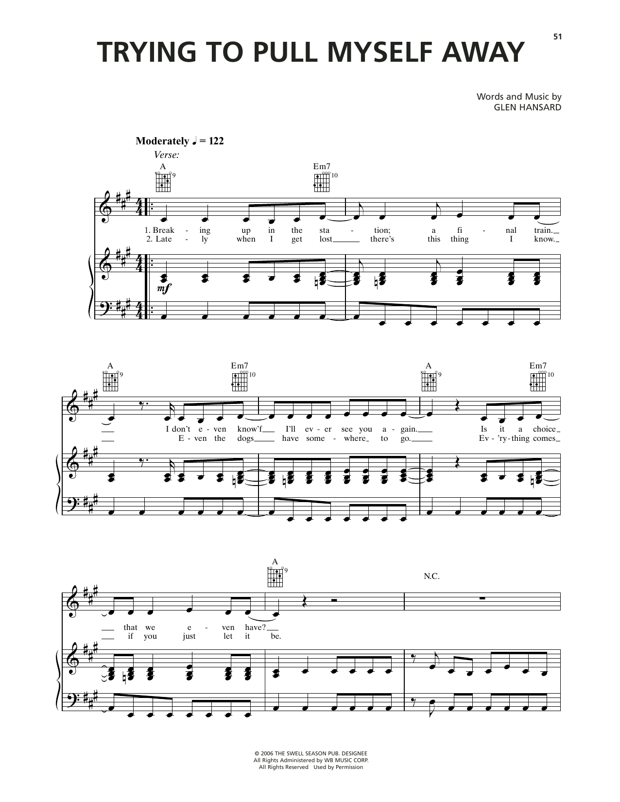 Markéta Irglová Trying To Pull Myself Away (from Once) sheet music notes and chords arranged for Piano, Vocal & Guitar Chords (Right-Hand Melody)
