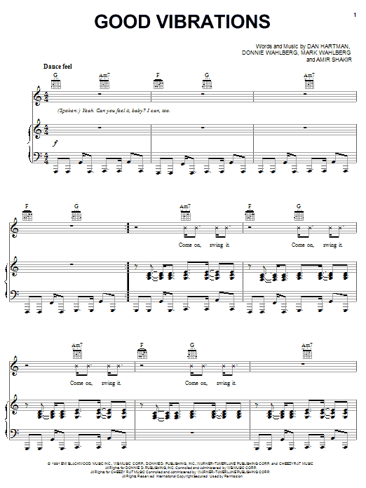 Marky Mark And The Funky Bunch Good Vibrations sheet music notes and chords arranged for Piano, Vocal & Guitar Chords (Right-Hand Melody)