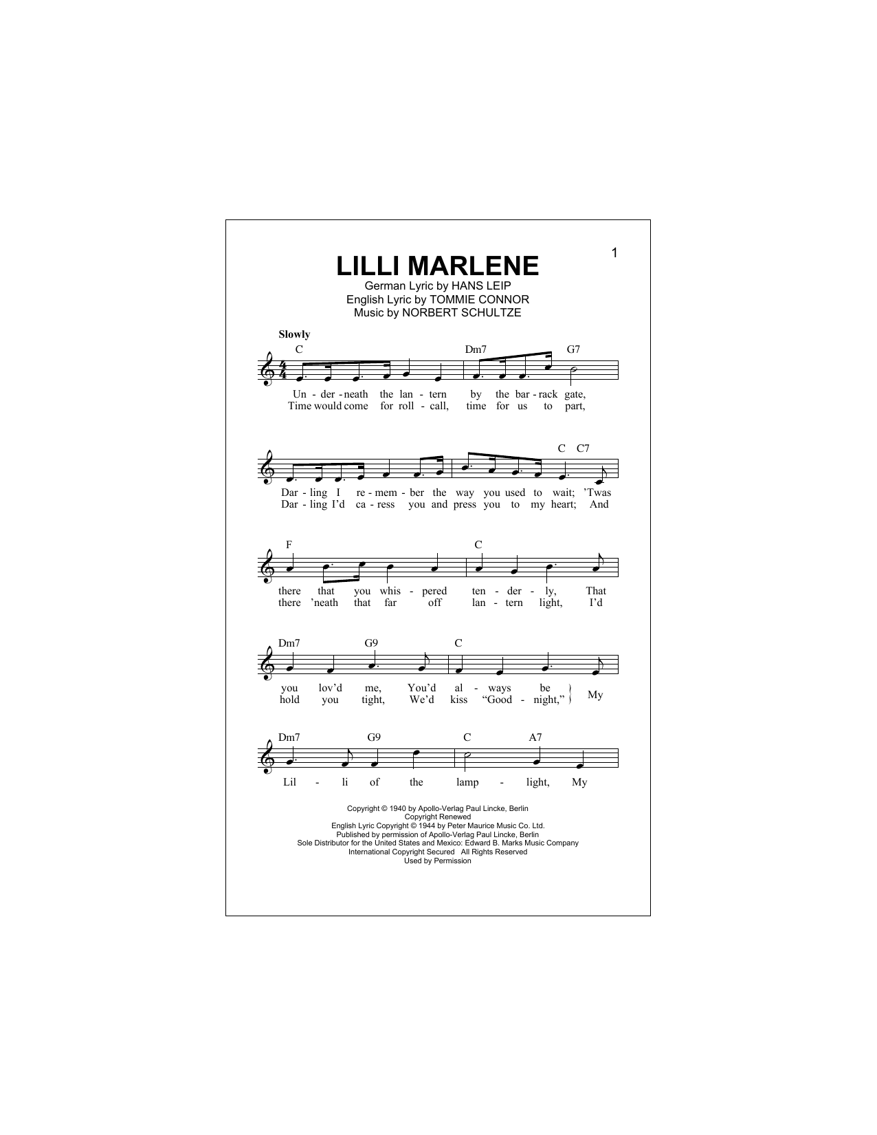 Marlene Dietrich Lilli Marlene (Lili Marleen) sheet music notes and chords arranged for Lead Sheet / Fake Book