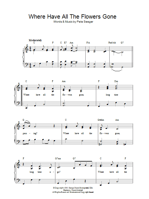 Marlene Dietrich Where Have All The Flowers Gone sheet music notes and chords arranged for Easy Piano