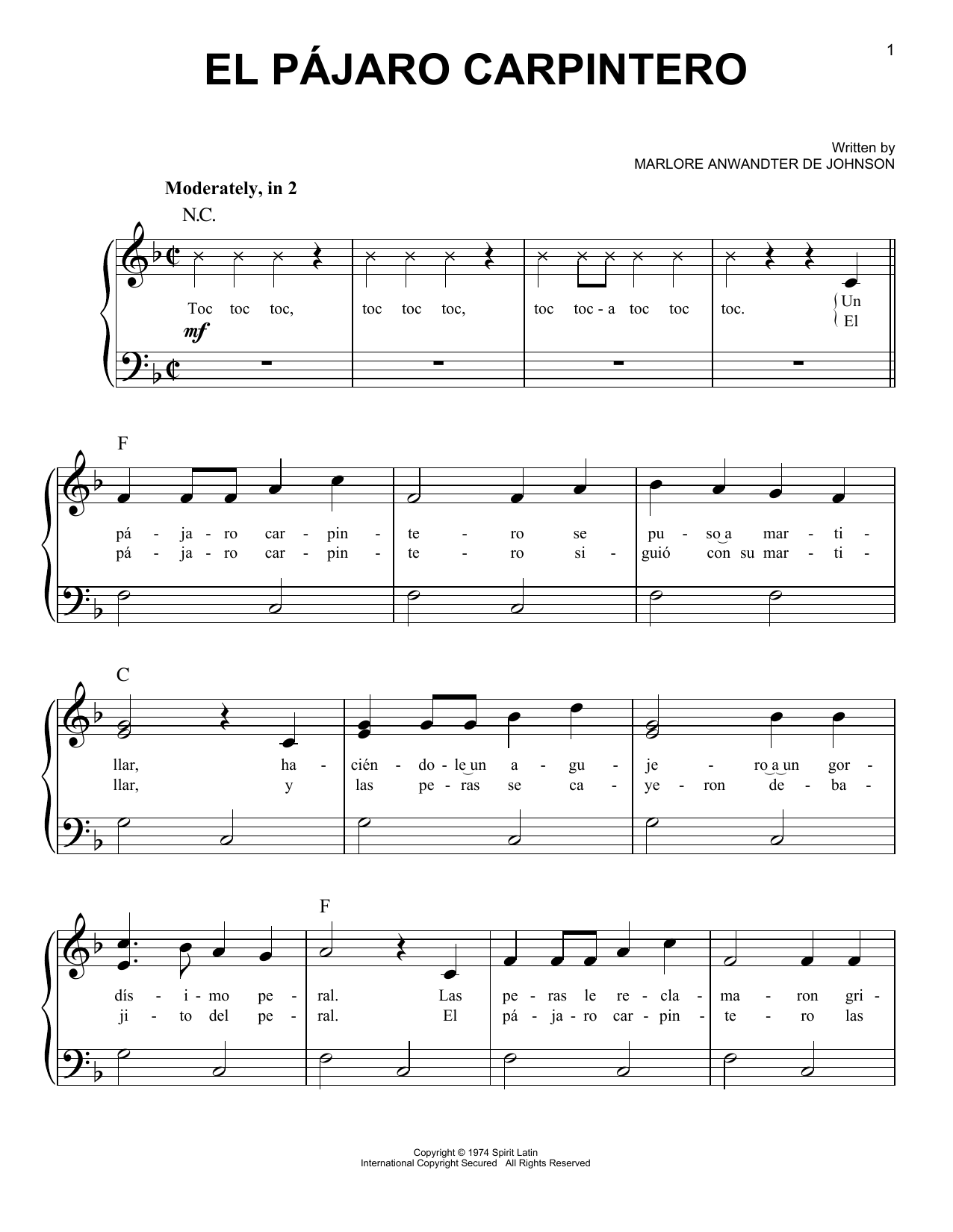 Marlore Anwandter de Johnson El Pajaro Carpintero sheet music notes and chords arranged for Easy Piano