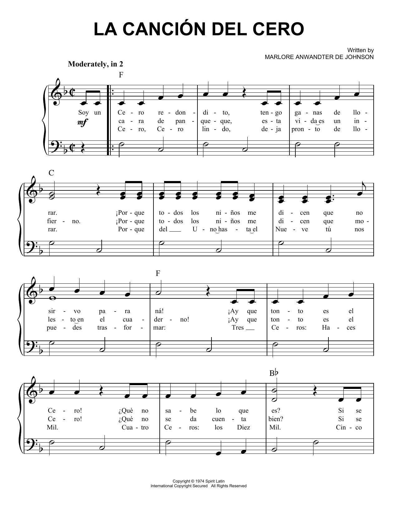 Marlore Anwandter de Johnson La Cancion Del Cero sheet music notes and chords arranged for Easy Piano