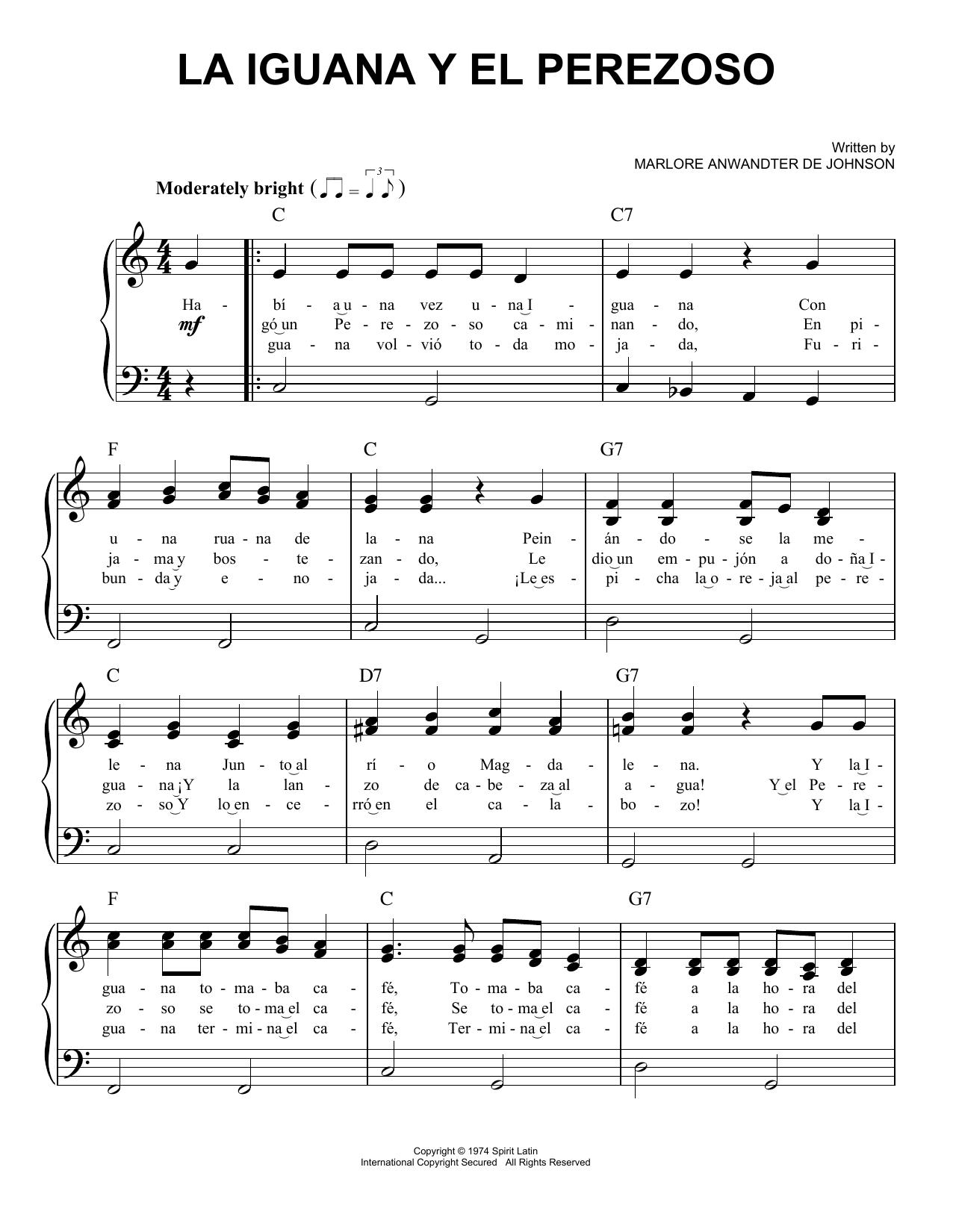 Marlore Anwandter de Johnson La Iguana Y El Perezoso sheet music notes and chords arranged for Easy Piano