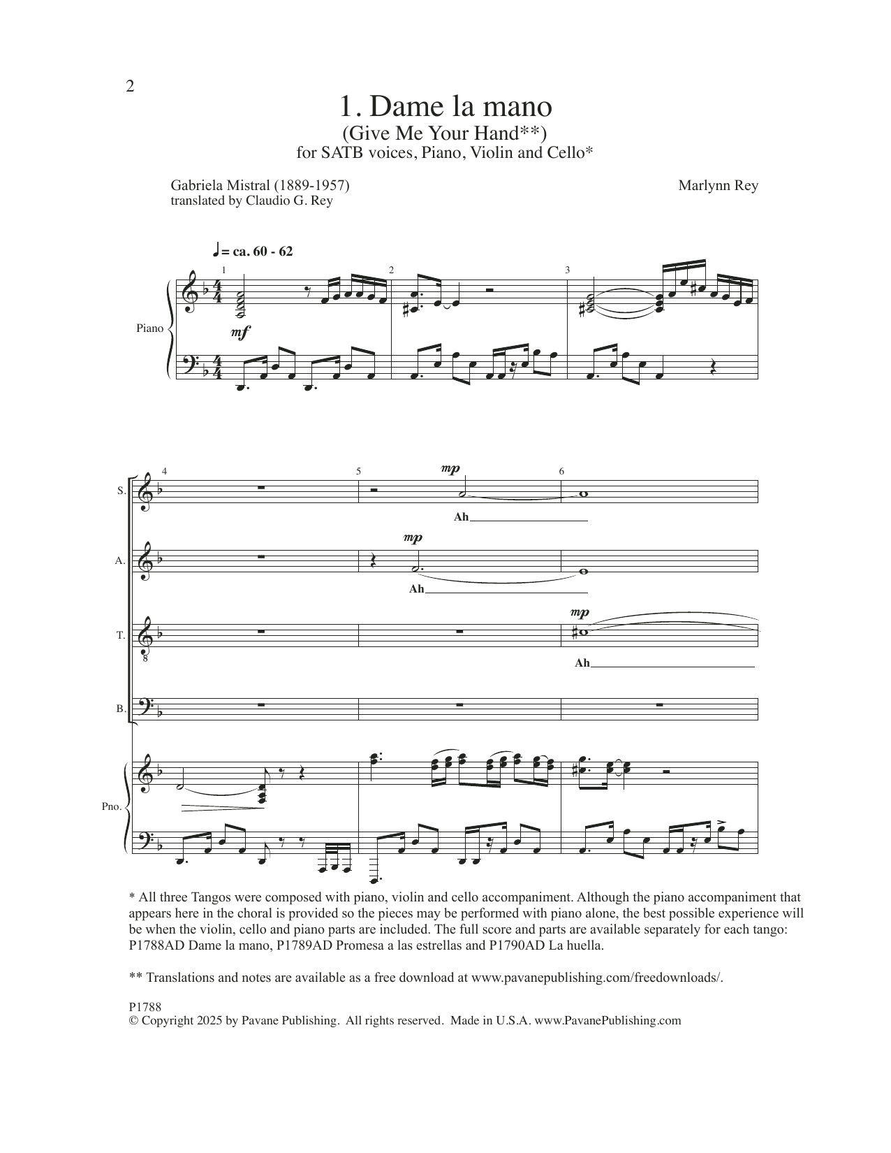 Marlynn Rey Three Tangos - 1. Dame La Mano sheet music notes and chords arranged for SATB Choir