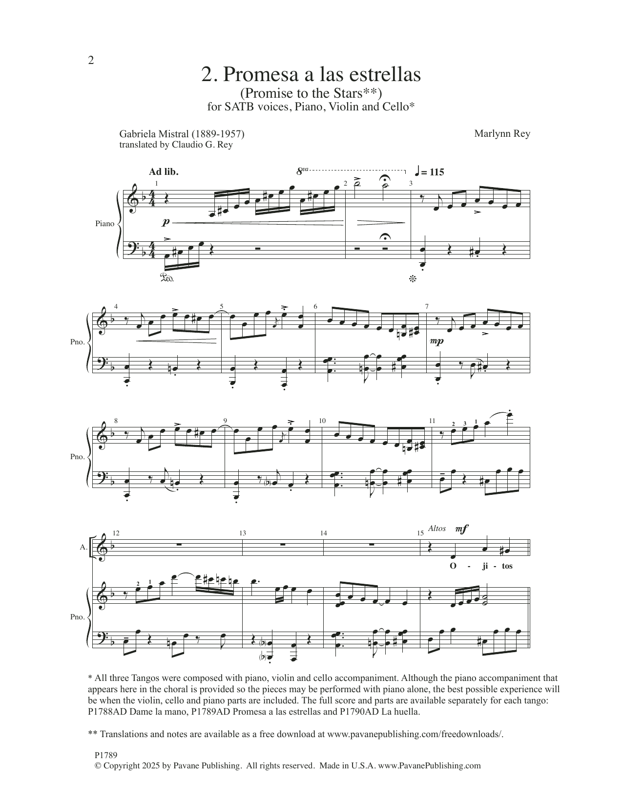 Marlynn Rey Three Tangos - 2. Promesa A Las Estrellas sheet music notes and chords arranged for SATB Choir