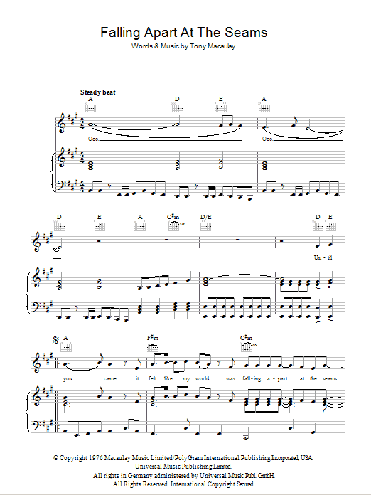 Marmalade Falling Apart At The Seams sheet music notes and chords arranged for Piano, Vocal & Guitar Chords