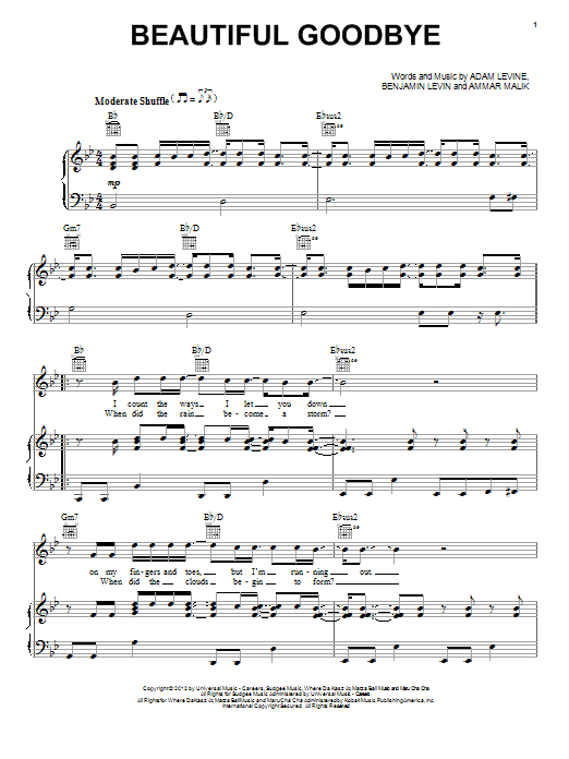 Maroon 5 Beautiful Goodbye sheet music notes and chords arranged for Piano, Vocal & Guitar Chords (Right-Hand Melody)