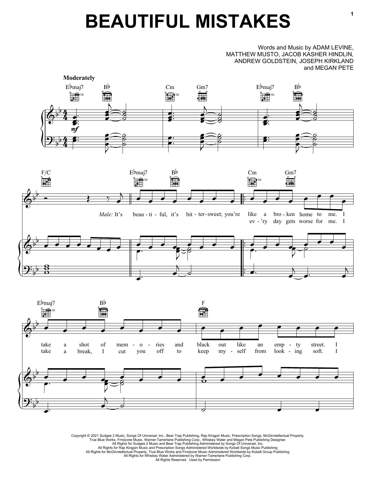 Maroon 5 Beautiful Mistakes (feat. Megan Thee Stallion) sheet music notes and chords arranged for Piano, Vocal & Guitar Chords (Right-Hand Melody)